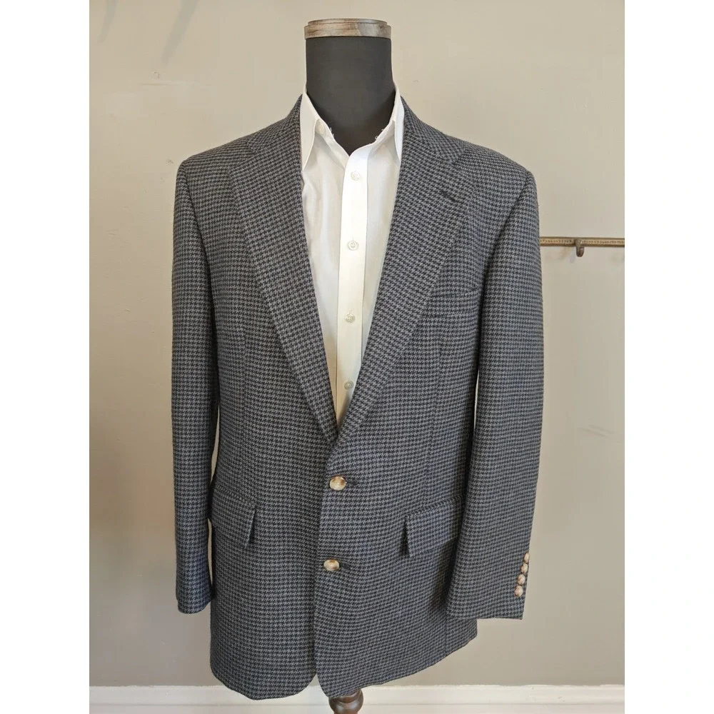 Palm Beach Mens 43L Wool Sport Coat Blue Gray Houndstooth Vintage USA Made J505